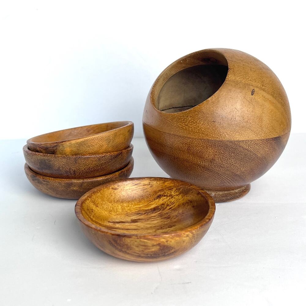 Vintage MCM Small Wooden Atomic Orb Nut Bowl & 4 Bowl Set Retro Sphere Modern